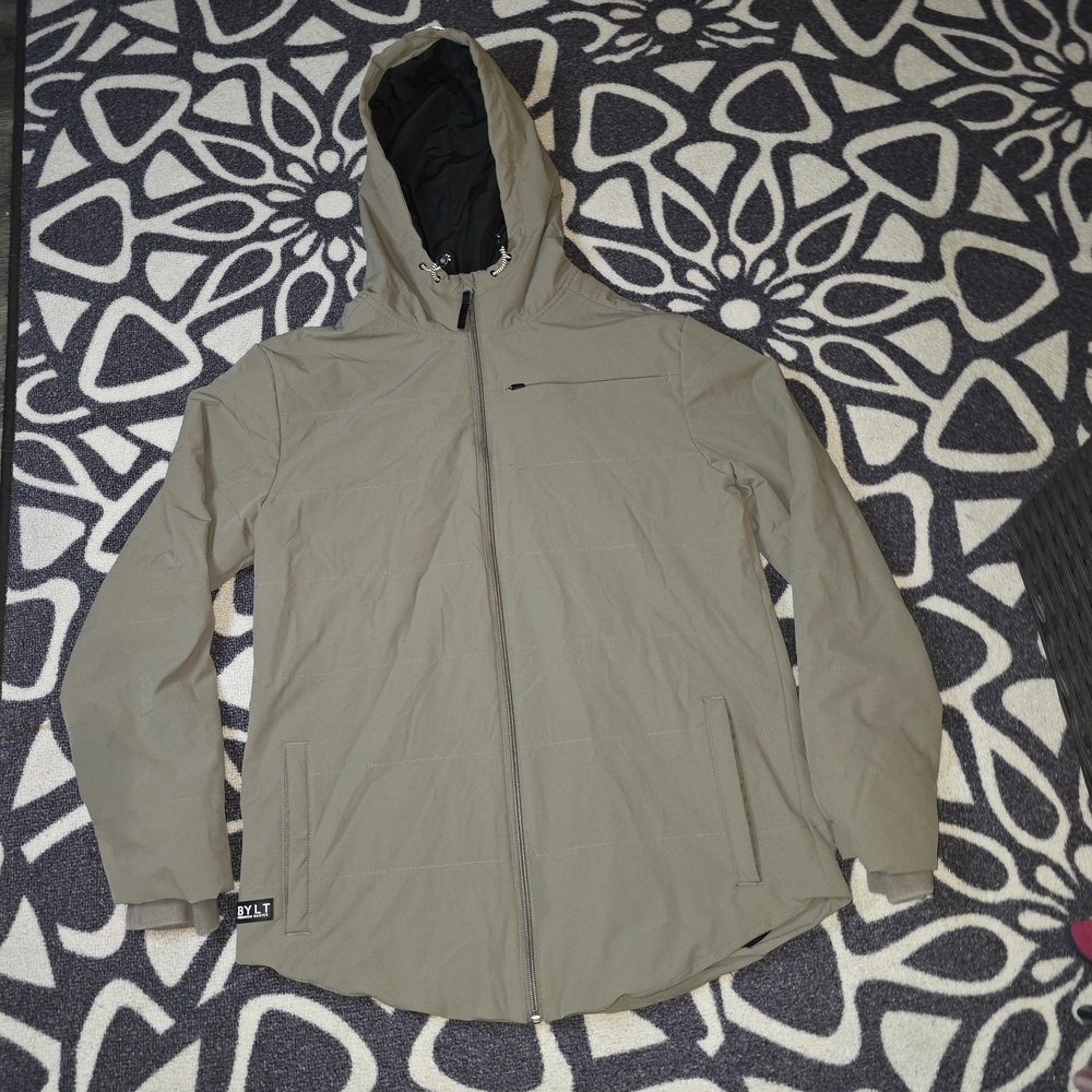 BYLT Drop Cut Puffer Jacket Mens Large Stone Hooded Nylon Shell Water Resistant